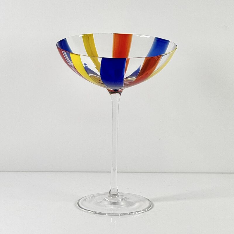 Качество Hand Blown Art Glass Goblet & Coupe Glass Set, Vibrant Red Yellow Blue Vertical Cane Stripes Murano Style Stemmed Wine & Martini Glasses for Bar, Party & Gift фабрика
