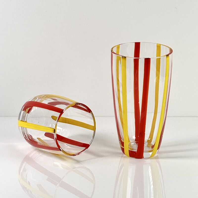 Качество Hand Blown Colored Cane Striped Glass Tumbler & Bowl Set, Murano Style Red Yellow Vertical Stripe Drinking Cups and Snack Bowl, Lead-Free Art Glass for Water, Juice, Table Decor фабрика