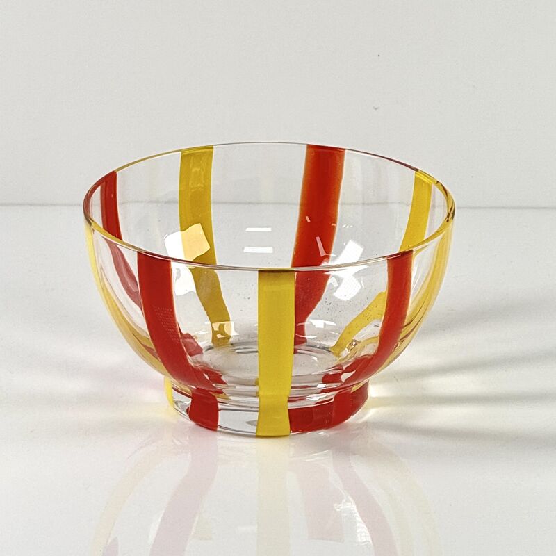 Качество Hand Blown Colored Cane Striped Glass Tumbler & Bowl Set, Murano Style Red Yellow Vertical Stripe Drinking Cups and Snack Bowl, Lead-Free Art Glass for Water, Juice, Table Decor фабрика