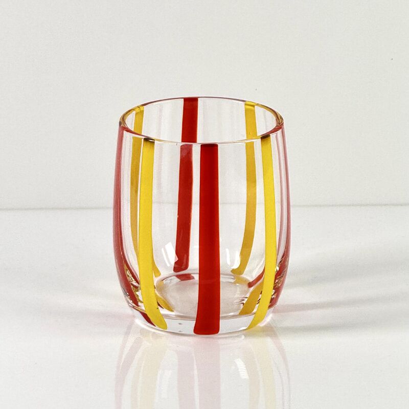 Качество Hand Blown Colored Cane Striped Glass Tumbler & Bowl Set, Murano Style Red Yellow Vertical Stripe Drinking Cups and Snack Bowl, Lead-Free Art Glass for Water, Juice, Table Decor фабрика