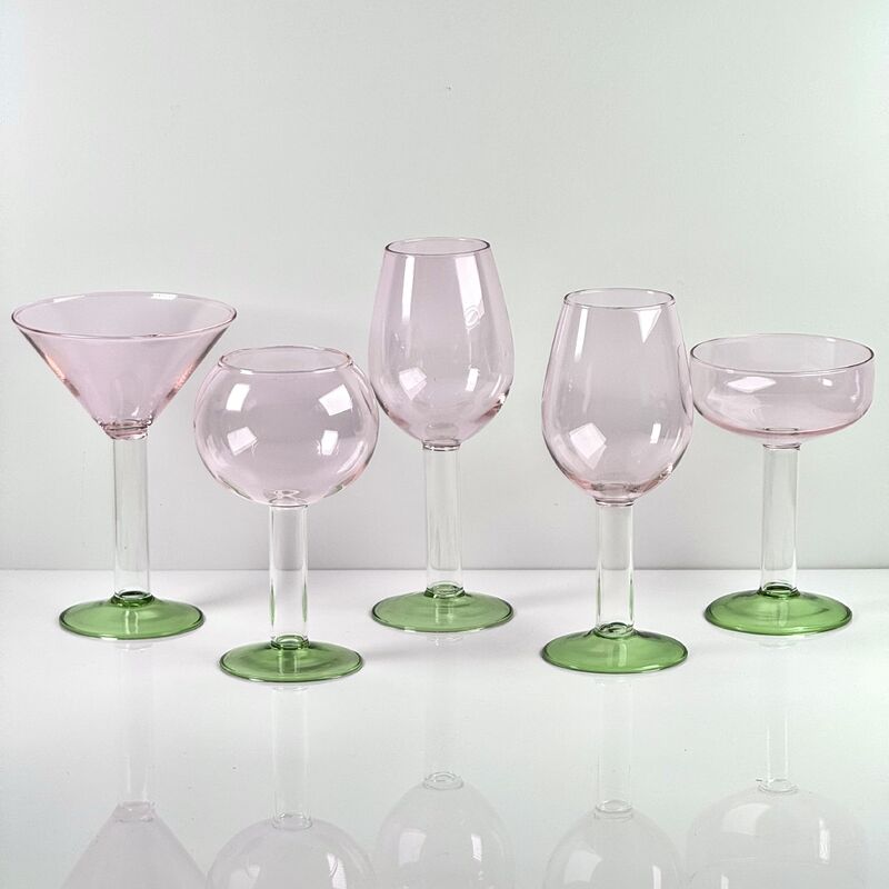 Качество Hand Blown Borosilicate Stemmed Wine & Cocktail Glass Set, Pink Bowl with Green Hollow Stem Base, Colored Spray Tinted Art Goblets for Bar, Wedding & Table Decor фабрика