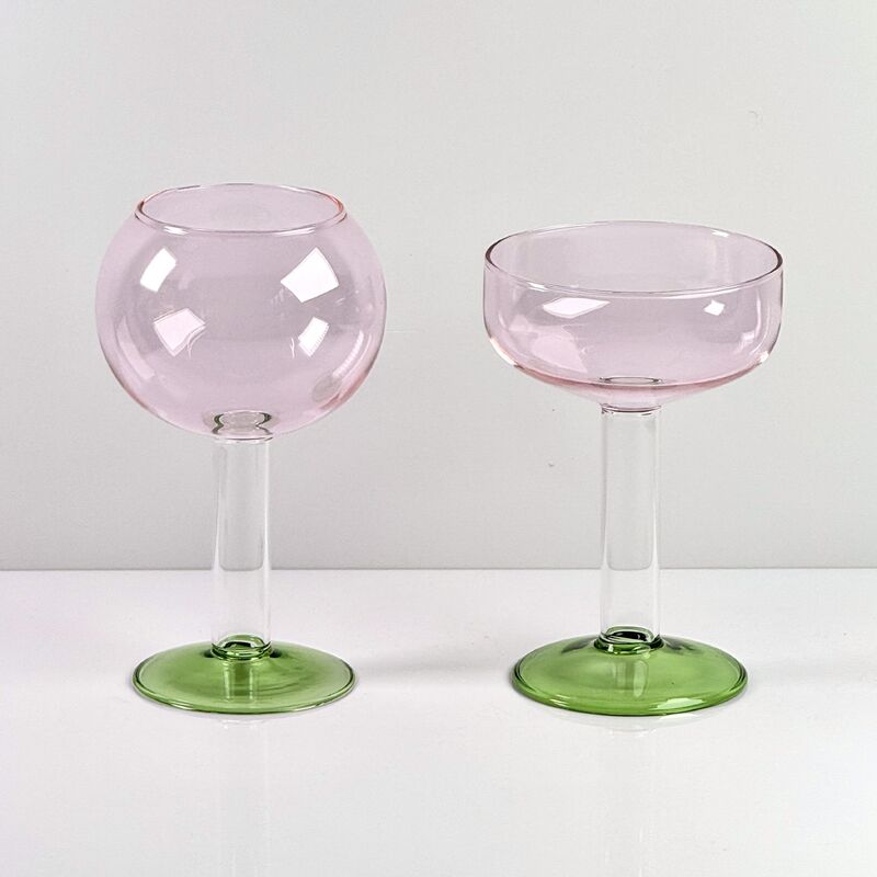 Качество Hand Blown Borosilicate Stemmed Wine & Cocktail Glass Set, Pink Bowl with Green Hollow Stem Base, Colored Spray Tinted Art Goblets for Bar, Wedding & Table Decor фабрика
