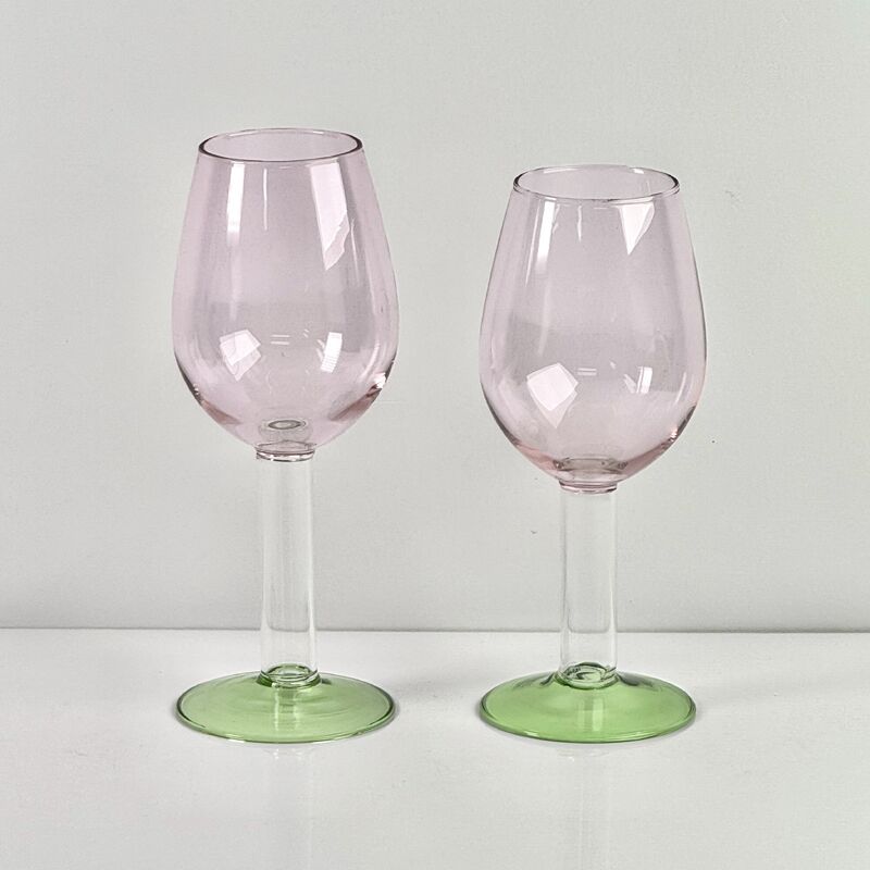 Качество Hand Blown Borosilicate Stemmed Wine & Cocktail Glass Set, Pink Bowl with Green Hollow Stem Base, Colored Spray Tinted Art Goblets for Bar, Wedding & Table Decor фабрика