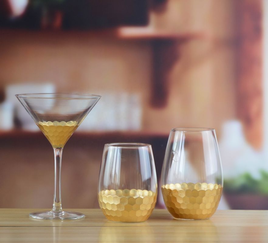 450ml Gold Cutted Honeycomb Stemless Crystal Wine Glass