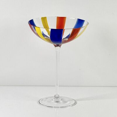 Качество Hand Blown Art Glass Goblet & Coupe Glass Set, Vibrant Red Yellow Blue Vertical Cane Stripes Murano Style Stemmed Wine & Martini Glasses for Bar, Party & Gift фабрика