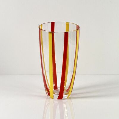 Качество Hand Blown Colored Cane Striped Glass Tumbler & Bowl Set, Murano Style Red Yellow Vertical Stripe Drinking Cups and Snack Bowl, Lead-Free Art Glass for Water, Juice, Table Decor фабрика
