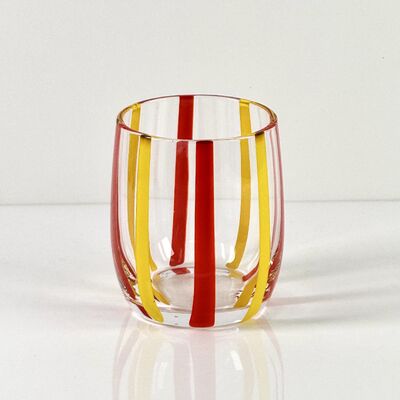 Качество Hand Blown Colored Cane Striped Glass Tumbler & Bowl Set, Murano Style Red Yellow Vertical Stripe Drinking Cups and Snack Bowl, Lead-Free Art Glass for Water, Juice, Table Decor фабрика