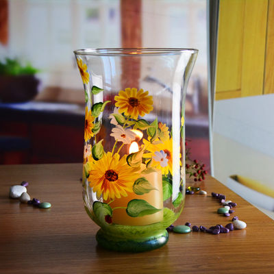 качество Ручно окрашенные подсолнуховые стеклянные свечи для дома завод